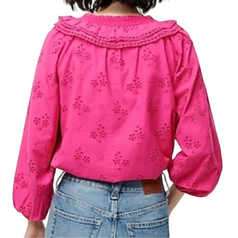 J. Crew Pink Eyelet Ruffled Collar Balloon Sleeve Peasant Blouse Size L
